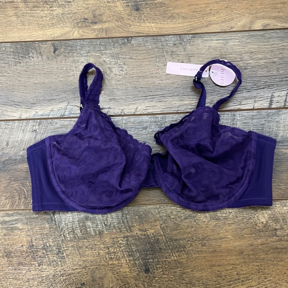 Cacique Purple Floral Lace Full Coverage Underwire Bra 42D New With Tags Sheer